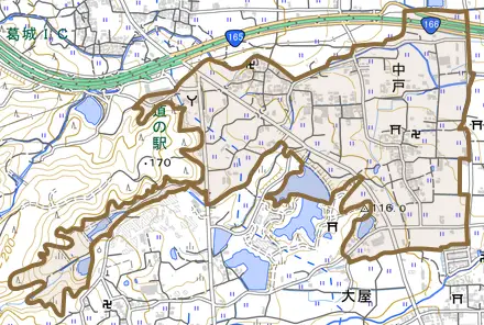 中戸とその周辺の地図。町の範囲を重ねている