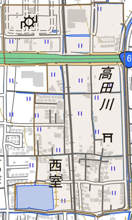 西室とその周辺の地図。町の範囲を重ねている