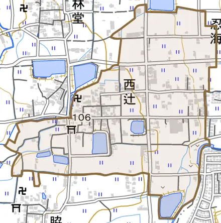 西辻とその周辺の地図。町の範囲を重ねている