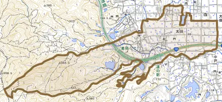 太田とその周辺の地図。町の範囲を重ねている