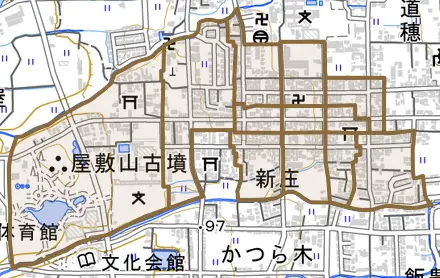 新庄とその周辺の地図。町の範囲を重ねている