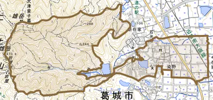 染野とその周辺の地図。町の範囲を重ねている