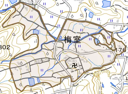 梅室とその周辺の地図。町の範囲を重ねている