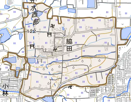 脇田とその周辺の地図。町の範囲を重ねている