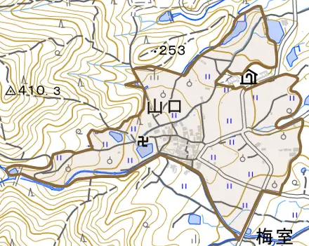 山口とその周辺の地図。町の範囲を重ねている
