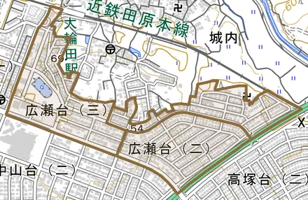広瀬台とその周辺の地図。町の範囲を重ねている