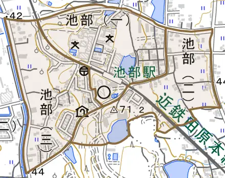池部とその周辺の地図。町の範囲を重ねている