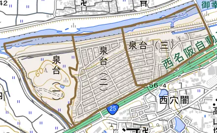 泉台とその周辺の地図。町の範囲を重ねている
