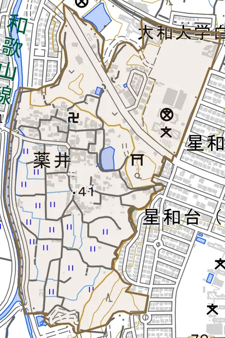 大字薬井とその周辺の地図。町の範囲を重ねている