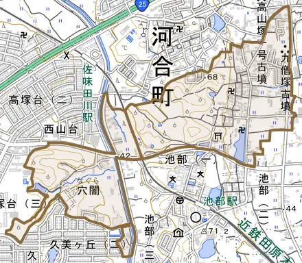 大字穴闇とその周辺の地図。町の範囲を重ねている
