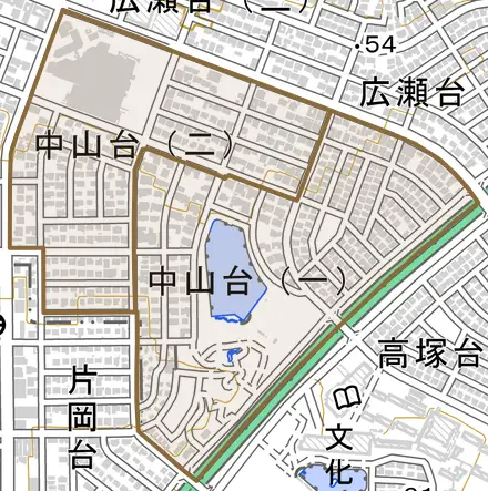 中山台とその周辺の地図。町の範囲を重ねている