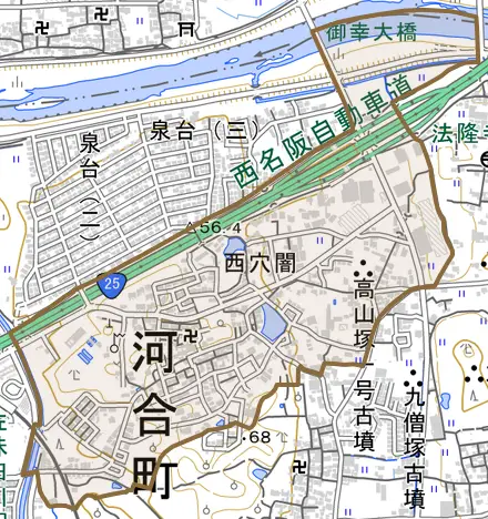大字西穴闇とその周辺の地図。町の範囲を重ねている