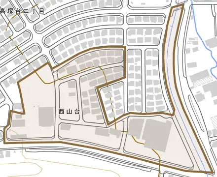 西山台とその周辺の地図。町の範囲を重ねている