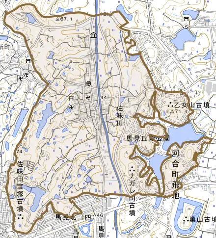 大字佐味田とその周辺の地図。町の範囲を重ねている