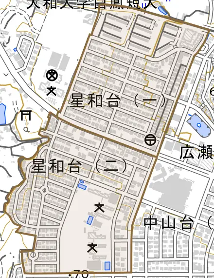 星和台とその周辺の地図。町の範囲を重ねている