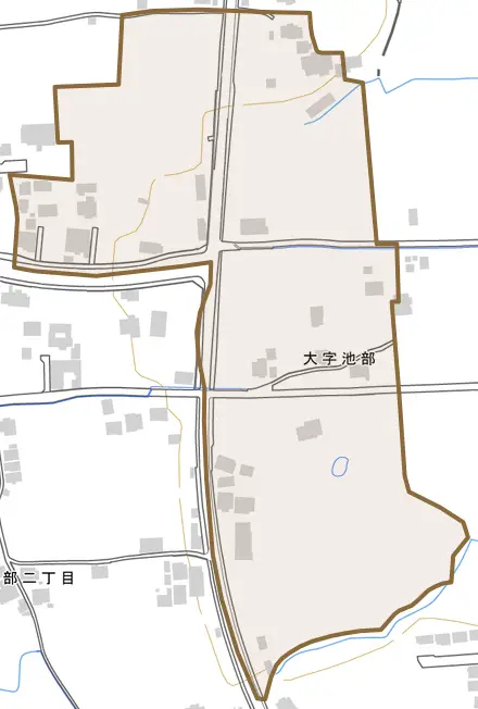 大字池部とその周辺の地図。町の範囲を重ねている
