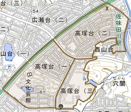高塚台とその周辺の地図。町の範囲を重ねている