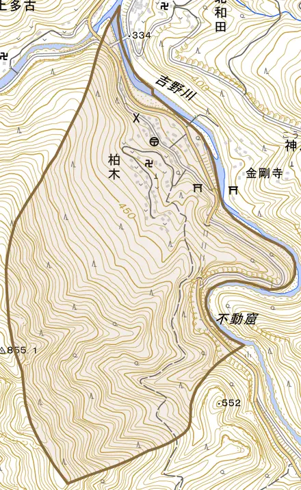 大字柏木とその周辺の地図。町の範囲を重ねている