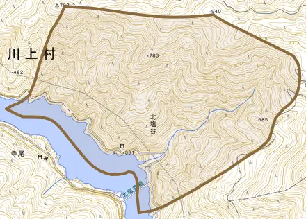 大字北塩谷とその周辺の地図。町の範囲を重ねている
