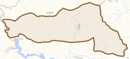 大字神之谷とその周辺の地図。町の範囲を重ねている