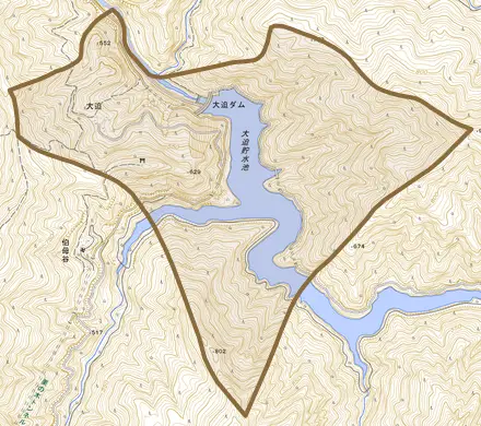 大字大迫とその周辺の地図。町の範囲を重ねている