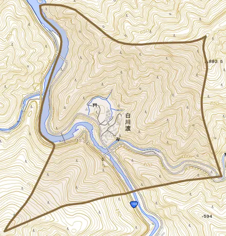 大字白川渡とその周辺の地図。町の範囲を重ねている