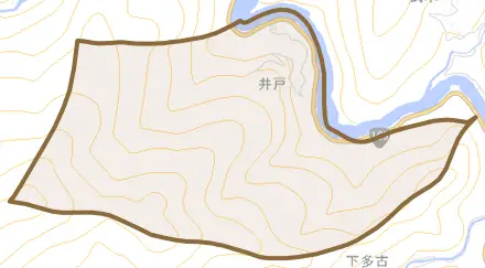 大字井戸とその周辺の地図。町の範囲を重ねている