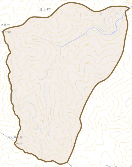 大字高原とその周辺の地図。町の範囲を重ねている