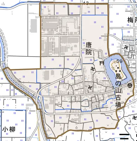 大字唐院とその周辺の地図。町の範囲を重ねている