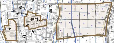 大字弁財天とその周辺の地図。町の範囲を重ねている