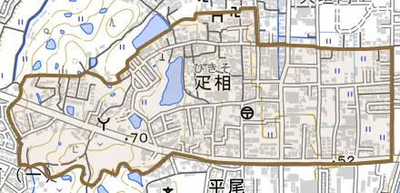 大字疋相とその周辺の地図。町の範囲を重ねている