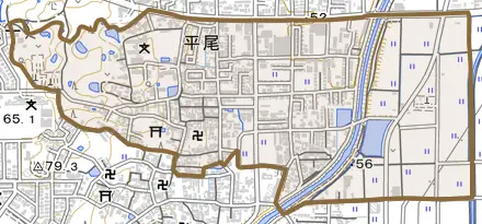 大字平尾とその周辺の地図。町の範囲を重ねている