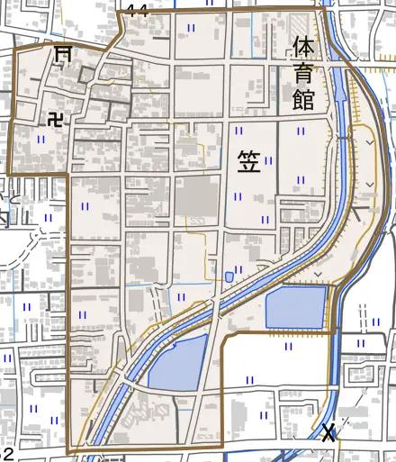 大字笠とその周辺の地図。町の範囲を重ねている