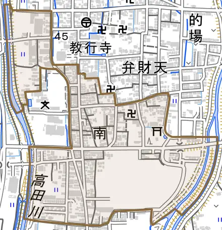 大字南とその周辺の地図。町の範囲を重ねている
