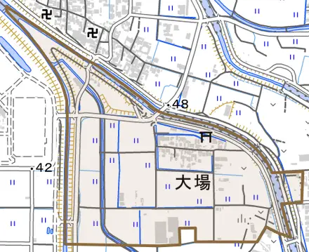 大字大場とその周辺の地図。町の範囲を重ねている