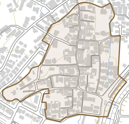 大字大塚とその周辺の地図。町の範囲を重ねている