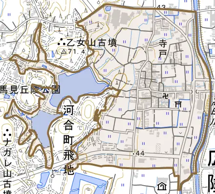 大字寺戸とその周辺の地図。町の範囲を重ねている