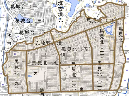 馬見北とその周辺の地図。町の範囲を重ねている