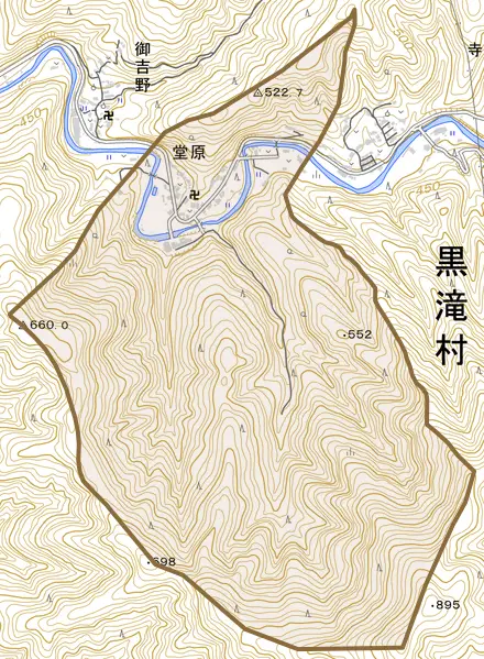 大字堂原とその周辺の地図。町の範囲を重ねている