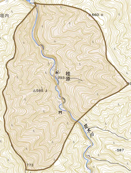 大字桂原とその周辺の地図。町の範囲を重ねている