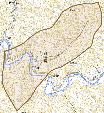 大字御吉野とその周辺の地図。町の範囲を重ねている