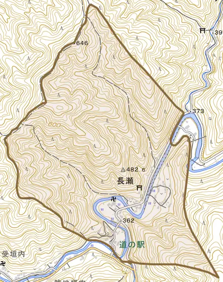 大字長瀬とその周辺の地図。町の範囲を重ねている