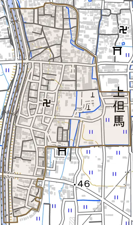 大字上但馬とその周辺の地図。町の範囲を重ねている