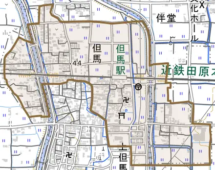 大字但馬とその周辺の地図。町の範囲を重ねている