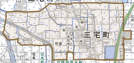 大字伴堂とその周辺の地図。町の範囲を重ねている
