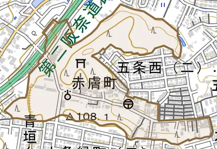 赤膚町とその周辺の地図。町の範囲を重ねている