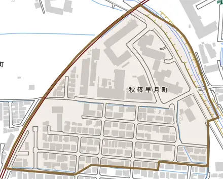 秋篠早月町とその周辺の地図。町の範囲を重ねている
