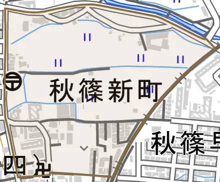 秋篠新町とその周辺の地図。町の範囲を重ねている