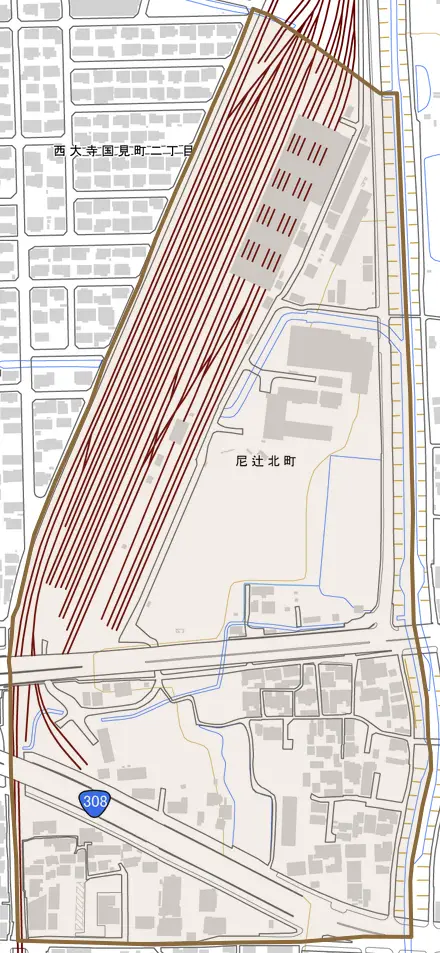 尼辻北町とその周辺の地図。町の範囲を重ねている