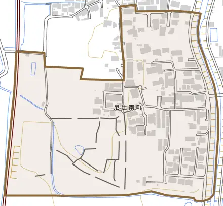 尼辻南町とその周辺の地図。町の範囲を重ねている